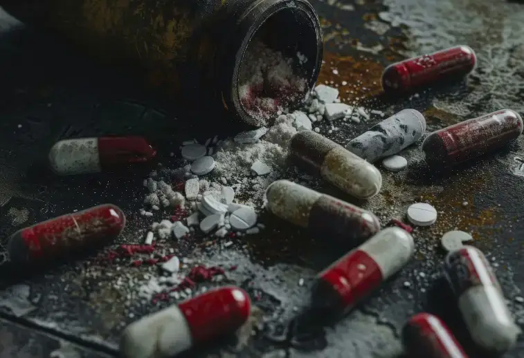 Spilled prescription pills and powder on dark surface representing methadone addiction and prescription drug misuse