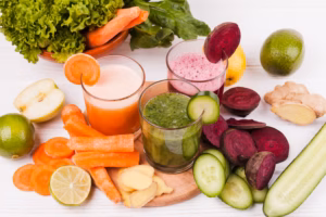 Fresh detox smoothies with carrots, beets, cucumber, ginger, lemon, and leafy greens displayed for early sobriety recovery nutrition.