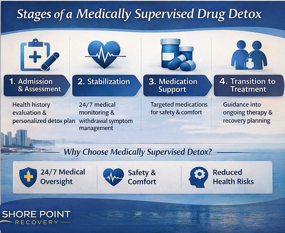 Infographic showing stages of a medically supervised drug detox program in Boston, including assessment, stabilization, medication support, and transition to treatment