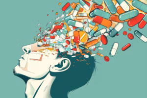 Illustration of pills flowing from a man’s brain representing increased brain activity from long-term stimulant use