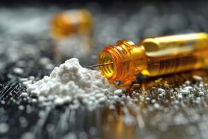 Prescription pill bottle with white powder and pills symbolizing opioid addiction and methadone treatment for craving reduction