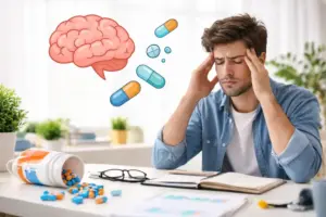 man experiencing adderall tolerance symptoms with pills and brain illustration showing addiction risk