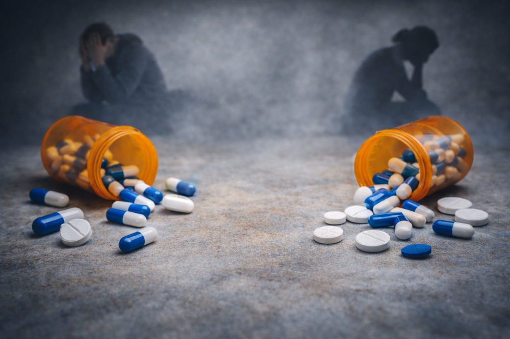 Prescription pills spilled from bottles symbolizing benzo addiction treatment and recovery process.