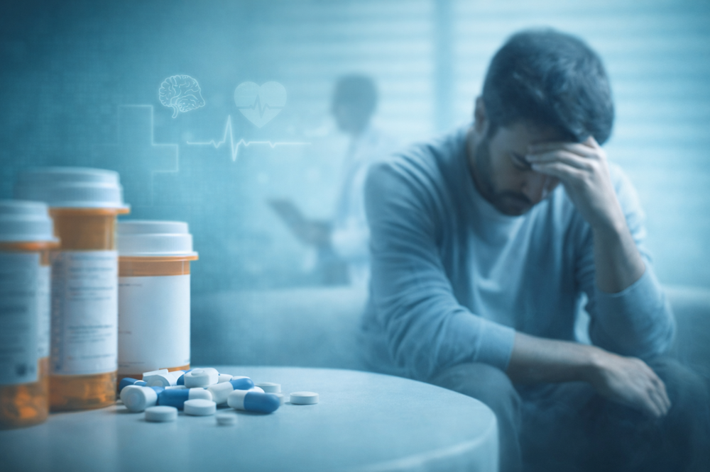 Man sitting with head in hand beside prescription pills representing depressants addiction treatment and recovery