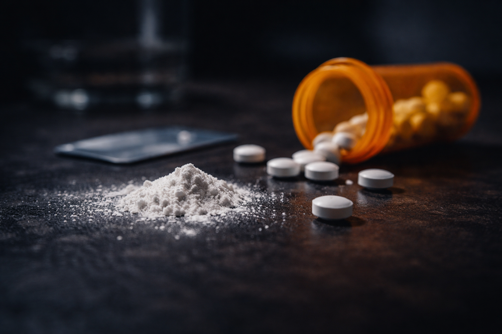 Scattered opioid pills and powder representing fentanyl addiction treatment and recovery support.
