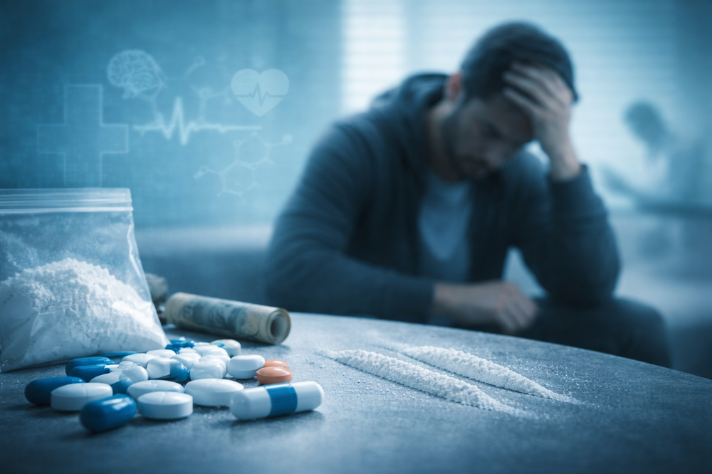Man struggling with drug misuse beside pills and powder representing stimulants addiction treatment and recovery