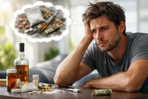 man struggling with depressant tolerance alcohol pills and substance use