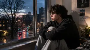 Young adult sitting by a window feeling anxious and isolated due to Adderall cravings and mental health struggles