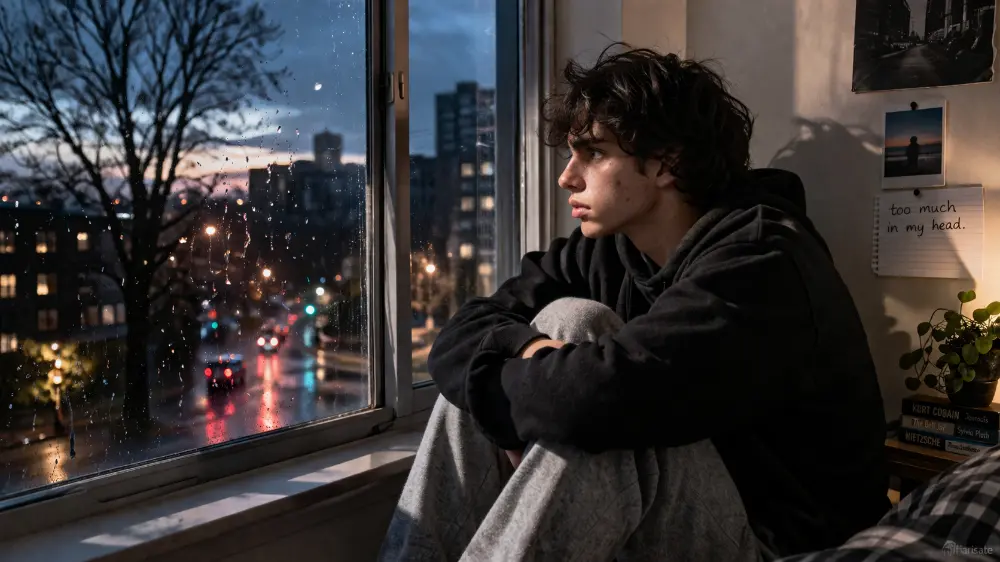 Young adult sitting by a window feeling anxious and isolated due to Adderall cravings and mental health struggles