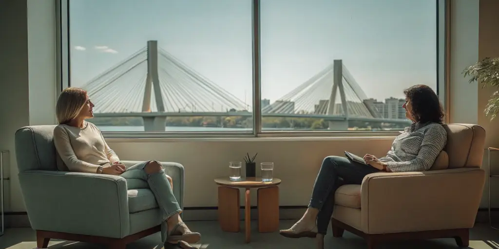 A woman explores drug addiction treatment options with a therapist in Boston.