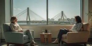 A woman explores drug addiction treatment options with a therapist in Boston.