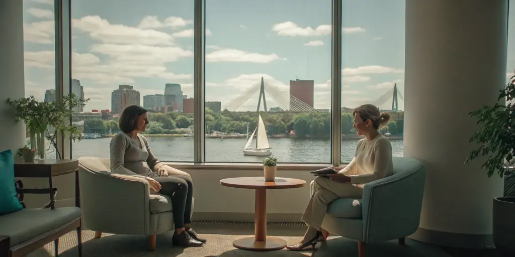 Two women in a counseling session for addiction treatment in Boston, MA, overlooking the Zakim Bridge.