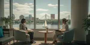 Two women in a counseling session for addiction treatment in Boston, MA, overlooking the Zakim Bridge.