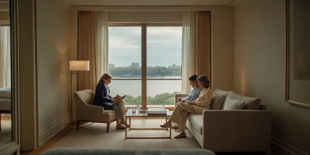Group therapy at a Boston addiction treatment center with a city view.