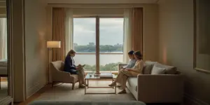 Group therapy at a Boston addiction treatment center with a city view.