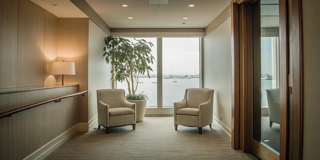 A serene lounge at a luxury drug rehab in Boston, MA, offering a peaceful space for recovery.
