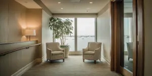 A serene lounge at a luxury drug rehab in Boston, MA, offering a peaceful space for recovery.