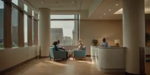 People meeting in a welcoming lounge at a Boston center for addiction treatment.