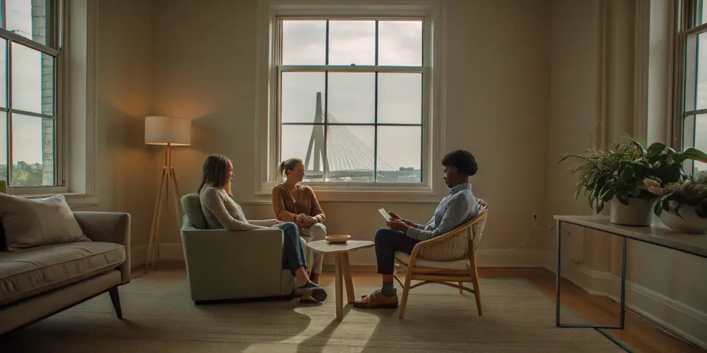 People discussing alcohol addiction treatment programs in Massachusetts.