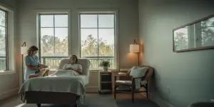 Supportive clinician in a calm medical detox setting