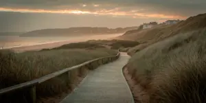 A peaceful coastal path at sunrise symbolizing recovery
