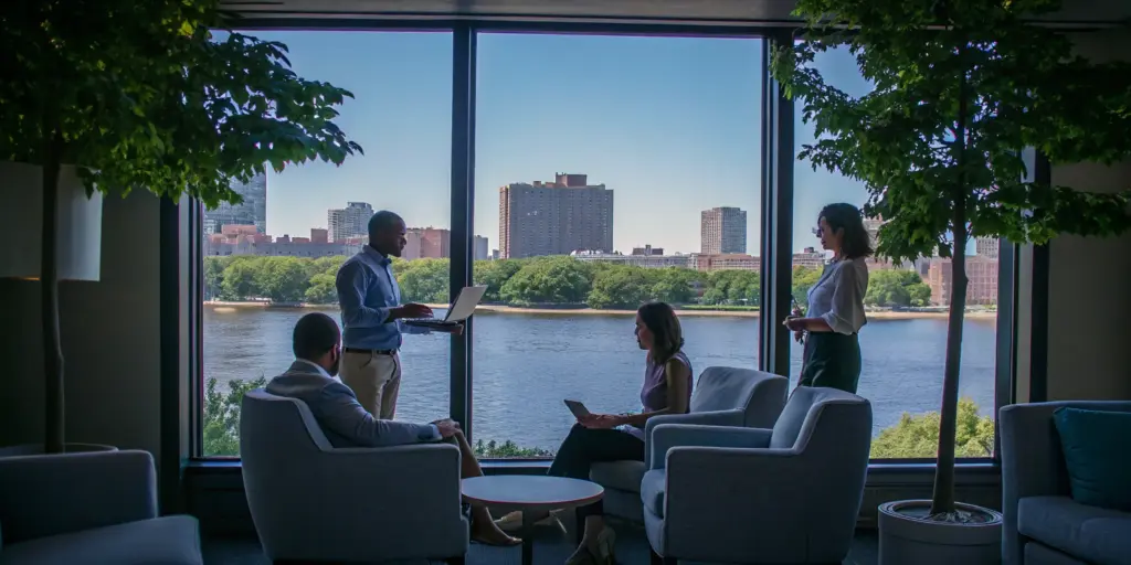 Group therapy at a Boston addiction treatment center overlooking the city.