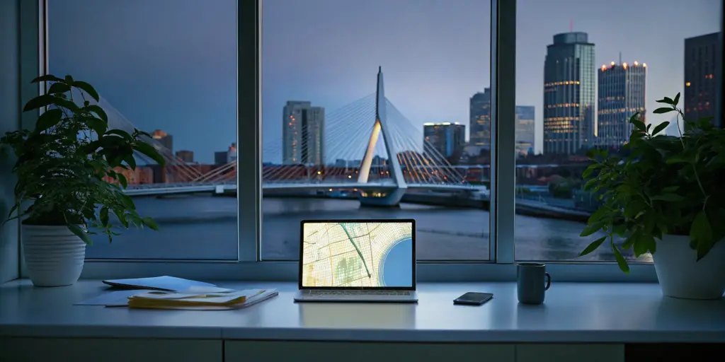 Searching for addiction treatment in Boston, Massachusetts on a laptop with a view of the city skyline.