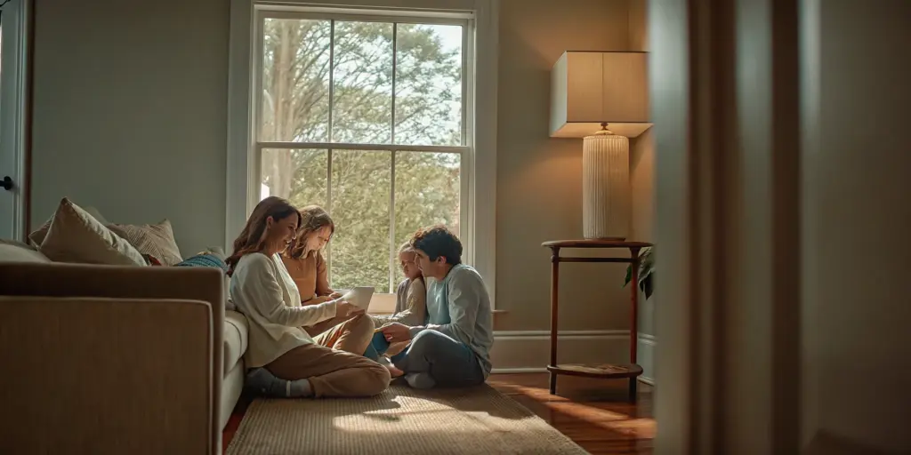 Family members having a supportive conversation after rehab