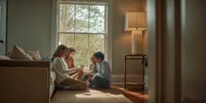 Family members having a supportive conversation after rehab