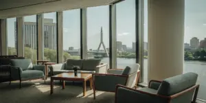 Modern lounge in a Boston drug rehab center with serene city and river views.