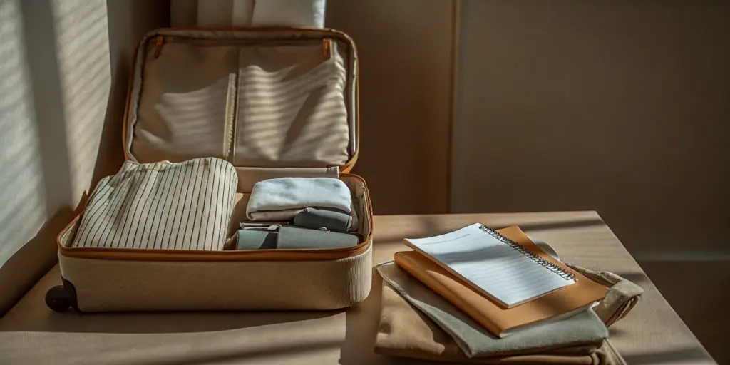 Open travel bag with clothing and documents for residential rehab