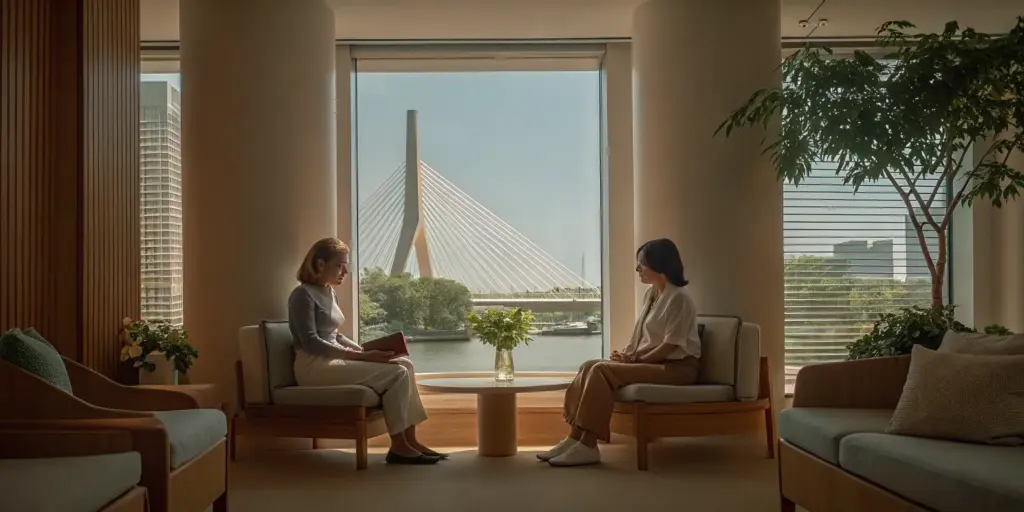 A counselor discusses addiction treatment options with a woman in Boston.