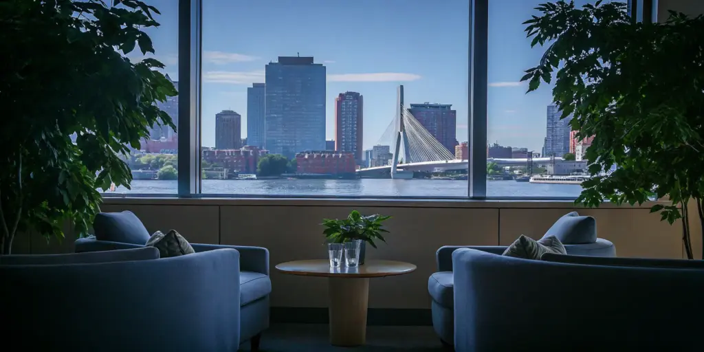 Serene lounge in a Boston rehab center overlooking the city skyline.