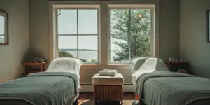A serene, modern therapy room in a luxury Boston rehabilitation center with warm coastal decor.