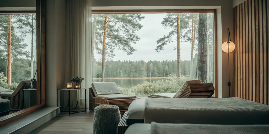 A serene, luxurious wellness center interior with soft warm lighting and a peaceful forest view, representing safe alcohol medical detox at Shore Point Recovery.