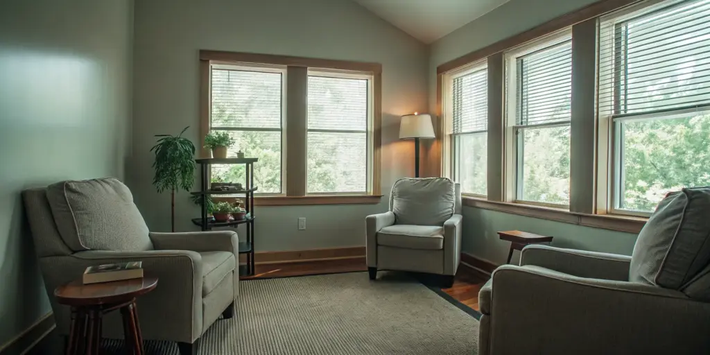 Luxury residential treatment center living room with comfortable seating and soft natural light