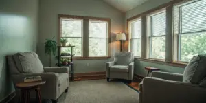 Luxury residential treatment center living room with comfortable seating and soft natural light