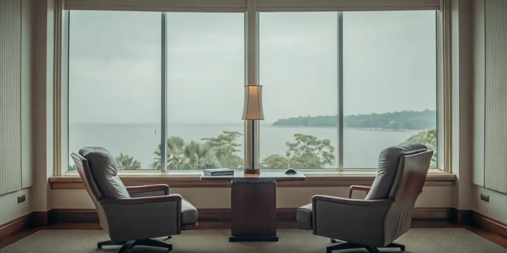 Upscale executive office with coastal view representing private professional recovery setting