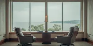 Upscale executive office with coastal view representing private professional recovery setting