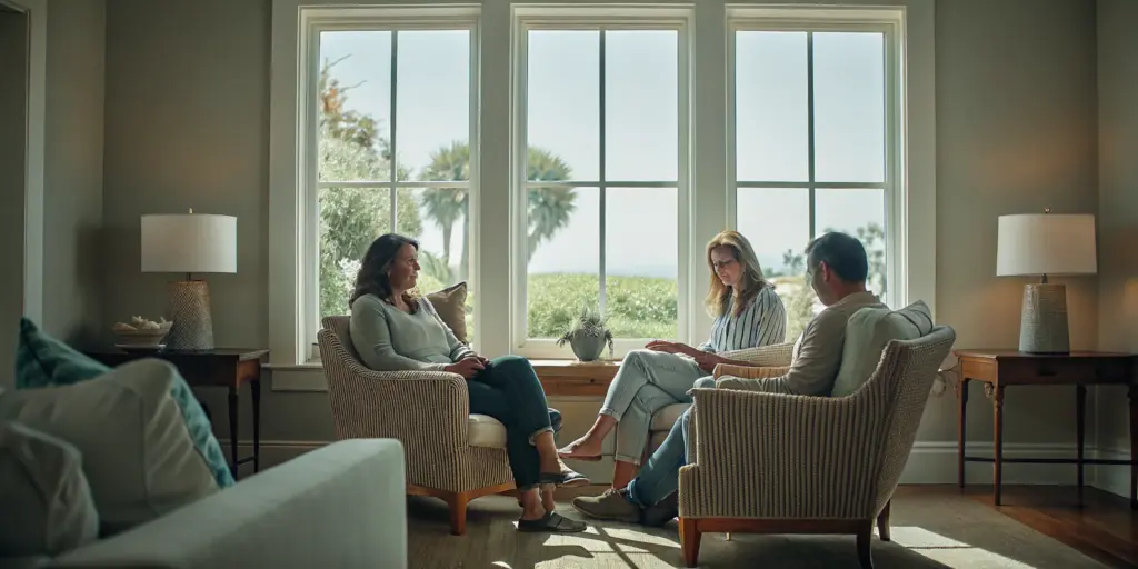 A warm family therapy session with comfortable seating and soft natural light