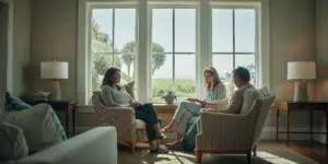 A warm family therapy session with comfortable seating and soft natural light