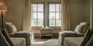 Private serene detox room with soft natural light and calming earth tones at Shore Point Recovery Boston
