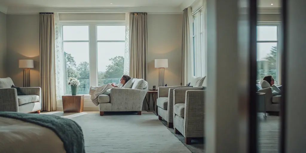 Serene and upscale residential treatment facility interior with natural light and modern furnishings representing luxury addiction recovery