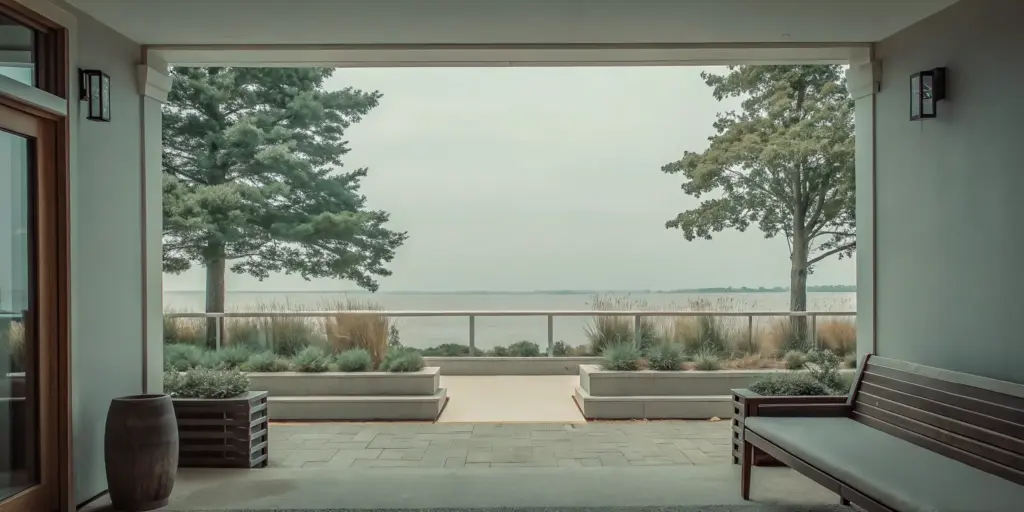 Luxury addiction treatment center exterior with serene coastal New England setting