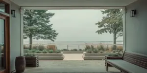 Luxury addiction treatment center exterior with serene coastal New England setting