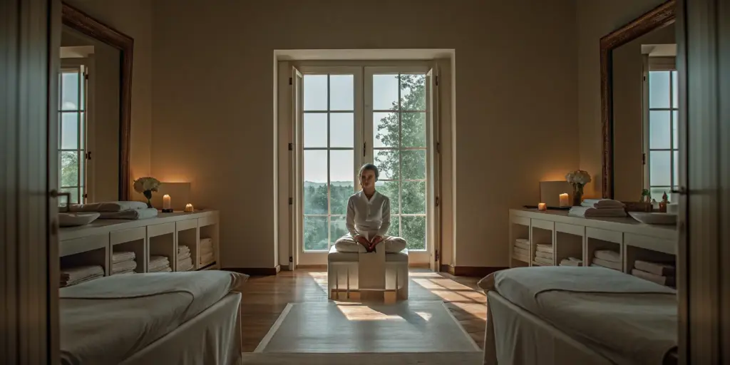 Person meditating peacefully in a sunlit modern treatment center setting