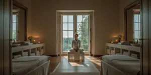 Person meditating peacefully in a sunlit modern treatment center setting
