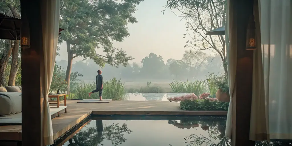 Person practicing yoga at sunrise in a peaceful garden setting, representing holistic wellness in addiction recovery
