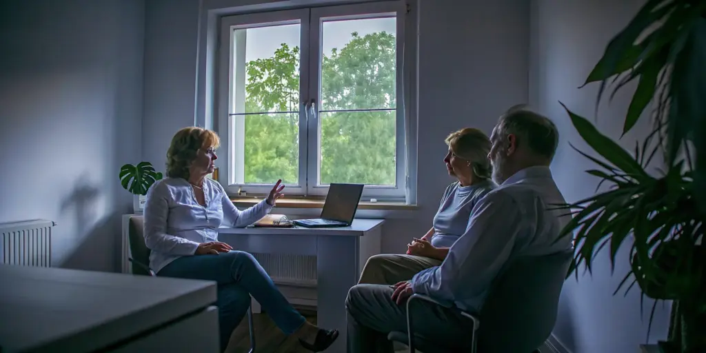 Healthcare professional speaking with a couple in a bright office about insurance options