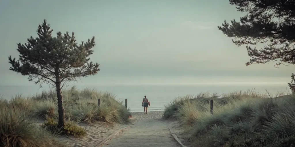 Person walking along a peaceful coastal path at sunrise, representing the journey of recovery and hope